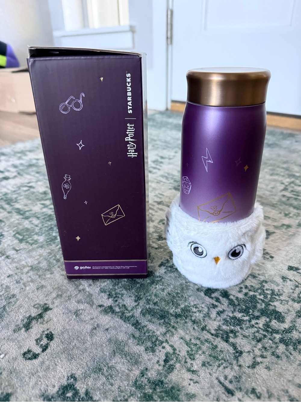Starbucks Harry Potter Purple and Gold Travel Tumbler with White Owl Cozy